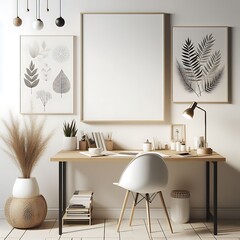 Wall Mural - A desk with A chair and poster mockup with poster empty white in work working home style interior set design and a picture frame decoration informative Vibrant informative.