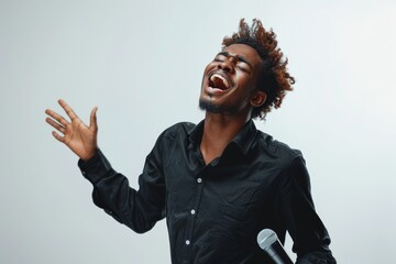 Wall Mural - Portrait of a satisfied afro-american man in his 20s dancing and singing song in microphone in white background