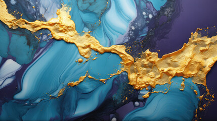 Wall Mural - Abstract marble marbled stone ink liquid fluid painted painting texture luxury background banner - Purple turquoise swirls gold painted splashes lines illustration, Generative AI