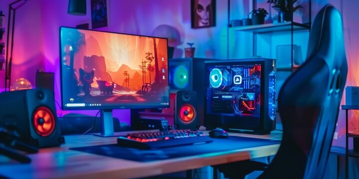 Gaming computer on desk in video gamer room with neon lights. Gaming PC monitor with abstract interface of computer game. Workstation of gaming streamer on table. 