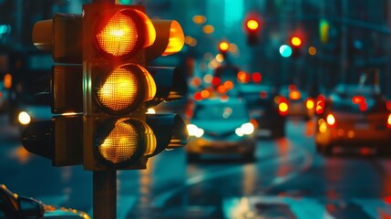 Aufkleber - Traffic light sequence showing yellow caution light with blurred cars passing through the intersection.