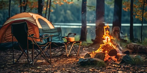 https://s.mj.run/ydqfnmfx54w beautiful bonfire with burning firewood near chairs and camping tent in