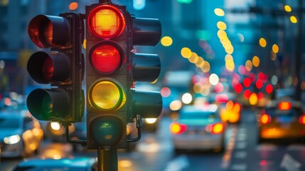 Aufkleber - Traffic lights with blurred background of a congested city street during peak hour traffic.