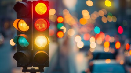 Canvas Print - Traffic lights with blurred background of a congested city street during peak hour traffic.