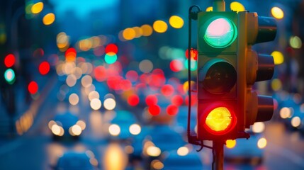 Poster - Traffic lights with blurred background of a congested city street during peak hour traffic.