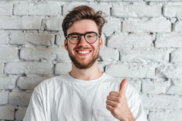 Wall Mural - Portrait of a cheerful man in his 30s showing a thumb up isolated on modern minimalist interior