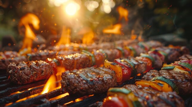 barbecue of steaks and vegetables on a bonfire against the backdrop of nature, delicious food, outdoor recreation, cooking school, home natural food