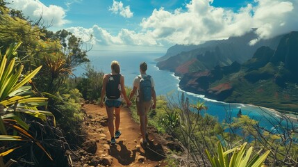 couple hiking on a mountain trail: adventurous couple hiking on a scenic mountain trail with breatht