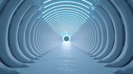 Wall Mural - Futuristic blue and white tunnel with glowing lights, offering a sci-fi feeling of depth, modern architecture, and innovative design.