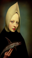 Wall Mural - A serene figure in a dark robe holds a fish with sharp teeth. The minimalist background and the figure’s calm, otherworldly expression create a striking and surreal image.