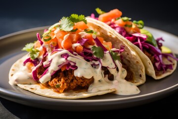 Canvas Print - 
Close-up photo of a Smash Burger Taco with a colorful slaw and spicy mayo on a white plate