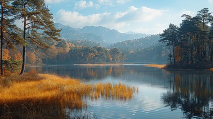 Wall Mural - Serene Autumnal Lake Surrounded by Misty Mountains