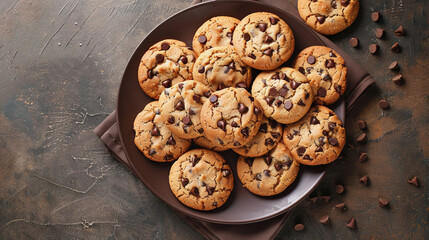 Wall Mural - Top View Of Chocolate Chip Cookies On A Plate And Lose Chocolate On The Table