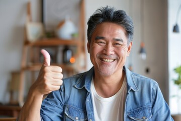 Sticker - Portrait of a cheerful asian man in his 50s showing a thumb up while standing against modern minimalist interior