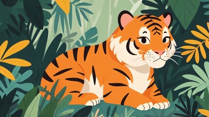 Wall Mural - flat cartoon of cute tiger in the jungle illustration