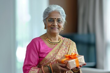 Sticker - Portrait of a grinning indian woman in her 70s holding a gift in modern minimalist interior