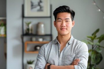 Wall Mural - Portrait of a satisfied asian man in his 20s with arms crossed isolated in modern minimalist interior