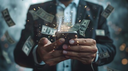 Businessman using a smartphone with flying dollar bills representing financial success and mobile banking.