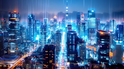 Wall Mural - A high-resolution image of a bustling cityscape at night, with lights from buildings and streets creating a vibrant urban glow. List of Art Media: Photograph inspired by Spring magazine.