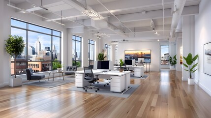 A modern tech company's office with sleek, open-plan workspaces and collaborative areas, highlighting a dynamic and innovative work environment. List of Art Media: Photograph inspired by Spring