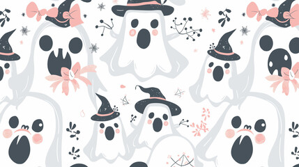 A Halloween themed drawing of a group of ghosts with hats and one with a bow