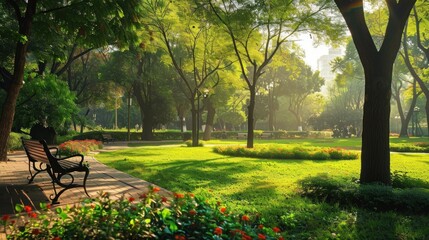 Poster - Serene Park Bench in the Morning Light