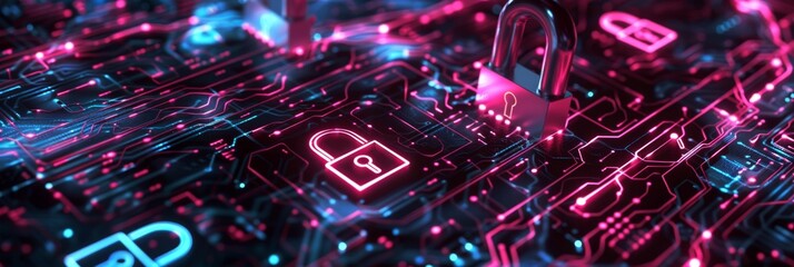 Cybersecurity, a futuristic abstract design with luminous circuits and padlock icons, highlighting digital security