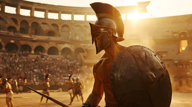 Roman gladiator in the coliseum, facing off against an opponent.


