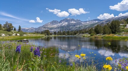 Wall Mural - Background image of peaceful mountain lake and forest landscape with reflective water and colorful blooming flower. Realistic nature landscape photography. Tranquility, natural beauty concept. AIGT2.