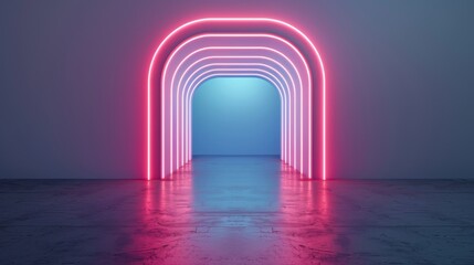 Wall Mural - A neon lighted tunnel with a blue light at the end