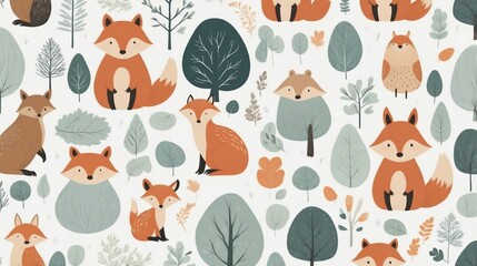 Seamless pattern with cute woodland animals.