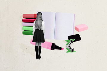 Wall Mural - Composite photo collage of small teenage schoolgirl stand back education planner marker gum supplies lesson isolated on painted background