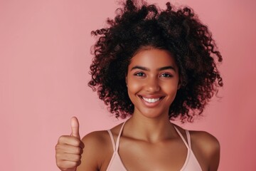 Wall Mural - Portrait of a joyful afro-american woman in her 30s showing a thumb up isolated in pastel pink background