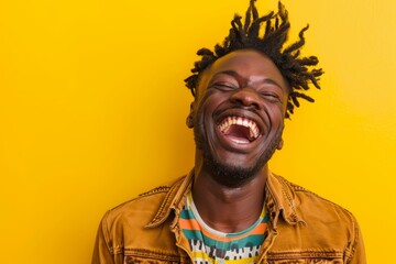 Wall Mural - Portrait of a tender afro-american man in his 30s laughing in front of pastel yellow background