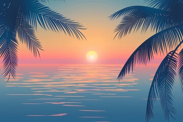 Wall Mural - Tranquil tropical sunset serenity with palm trees and calm ocean silhouettes. Illustration of a serene peaceful dusk twilight. Digital art wallpaper for nature enthusiasts