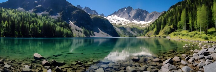 Wall Mural - alpine lake surrounded by lush green trees and a clear blue sky, with a large gray rock in the foreground