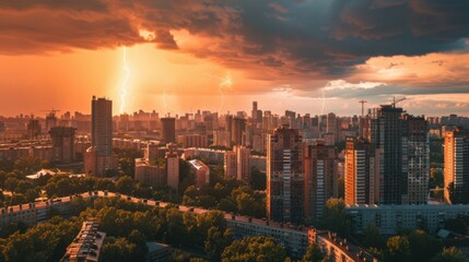 Sticker - photo of lightning against the backdrop of a large modern city with tall buildings.