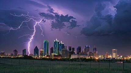 Canvas Print - photo of lightning against the backdrop of a large modern city with tall buildings.