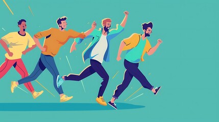 Wall Mural - Four Men Running, Cartoon Style Illustration