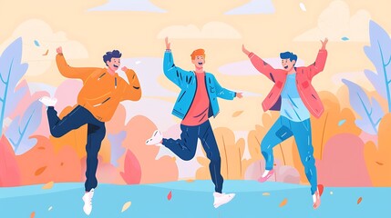 Wall Mural - Three Joyful Friends Jumping in an Autumnal Park