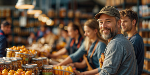 Confident male farmer smiling at local farmers market with diverse team working