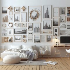 Wall Mural - A bed in bedroom style interior set design there is an poster empty white and combine with A bed in bedroom style interior set design and pictures on the wall Vibrant Vibrant.