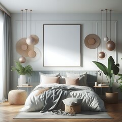 Wall Mural - A bed in bedroom style interior set design there is an poster empty white and combine with and plants informative engaging.