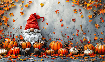 Doodle art cute gnomes characters holding pumpkins, with autumn leaves, fall colors, thanksgiving theme