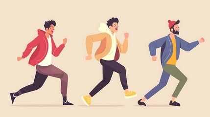 Wall Mural - Three Men Running Side-by-Side with Animated Expressions