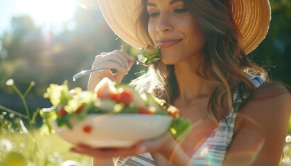 Wall Mural - A young woman is seated on the grass, happily eating a fresh salad while surrounded by nature, enjoying a healthy meal AIG58