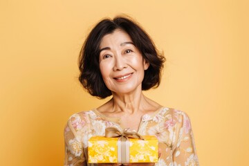 Wall Mural - Portrait of a happy asian woman in her 50s holding a gift on pastel yellow background