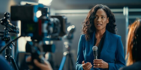 Young woman journalist conducts a live television interview in a modern studio with professional crew