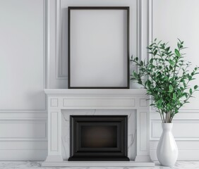 Wall Mural - White living room interior, frame mockup with plants on fireplace