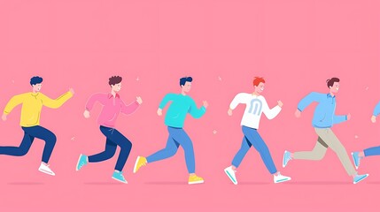 Wall Mural - Group of Young Men Running Together in a Cartoon Illustration